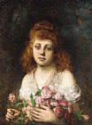 Haired Canvas Paintings - Auburn-haired Beauty with Bouqet of Roses